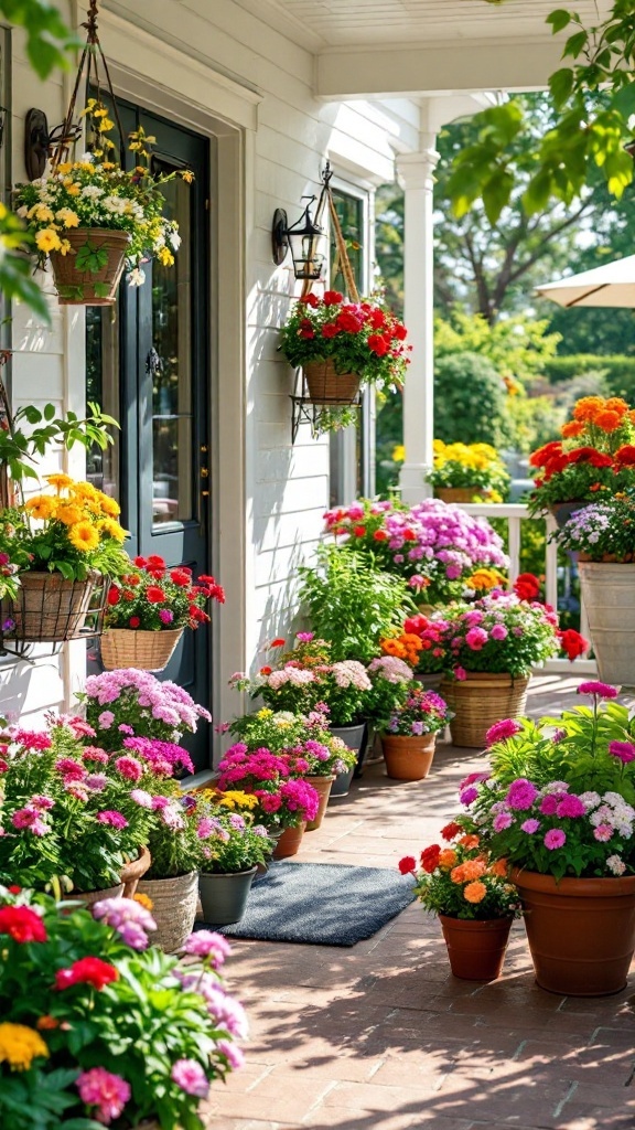 A vibrant display of potted plants and flowers on a summer porch