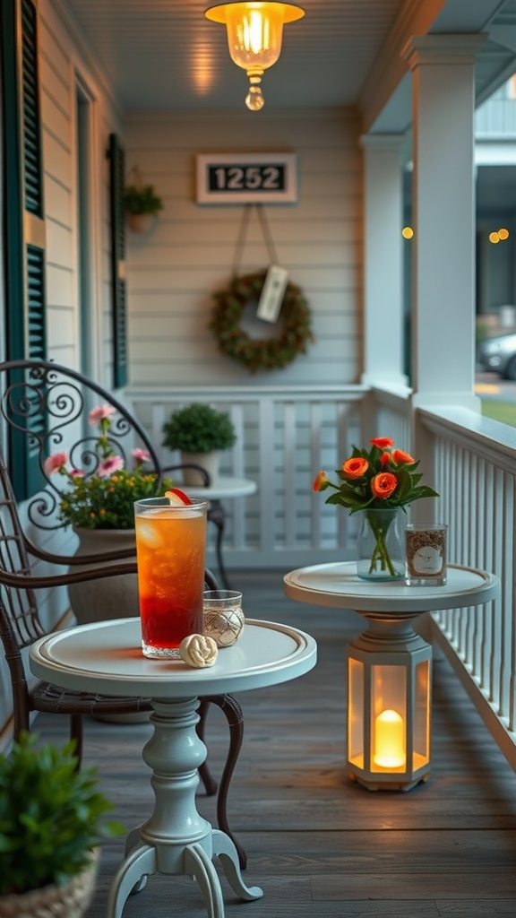 A cozy small front porch with side tables adorned with drinks and flowers.