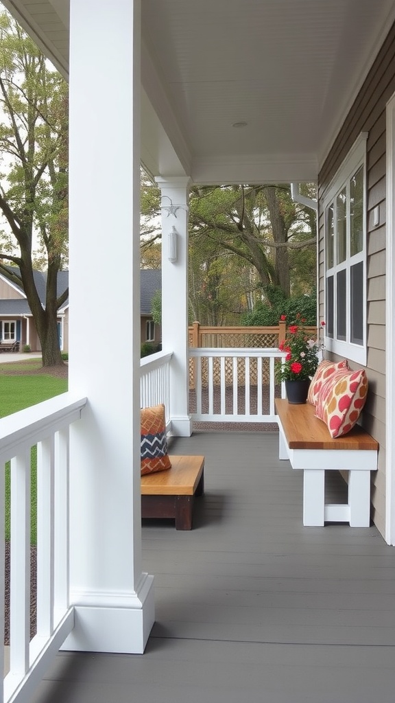 A porch featuring white railings and built-in wooden seating with decorative cushions.