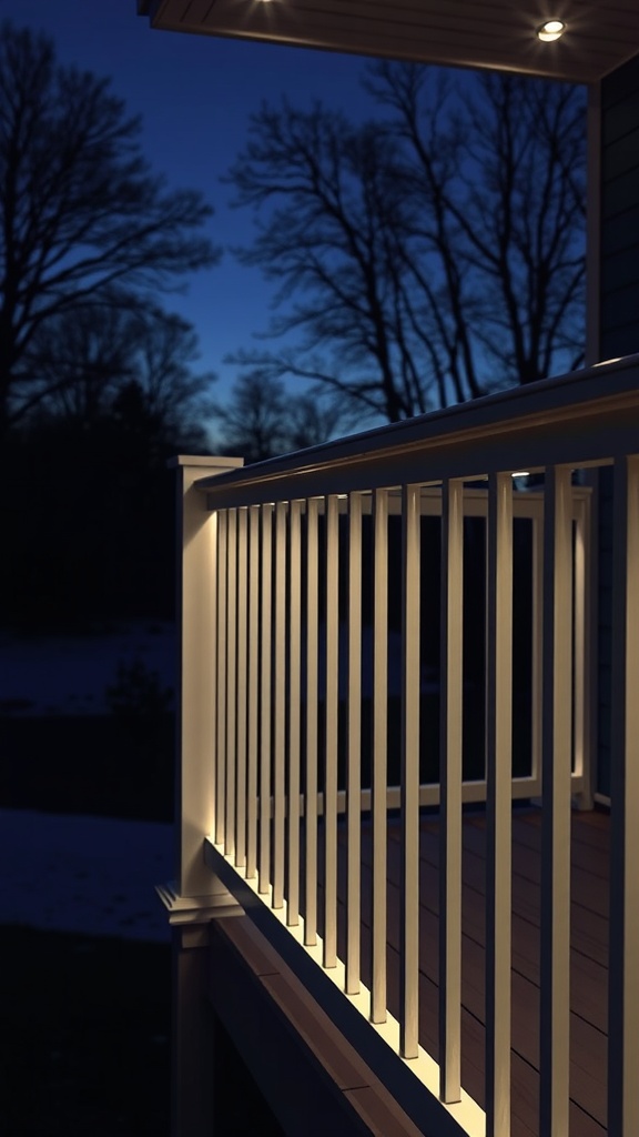 A porch railing with LED lighting glowing softly in the evening.