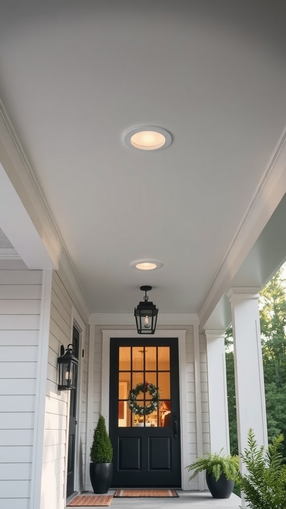 Modern farmhouse front porch with recessed lighting and traditional lantern