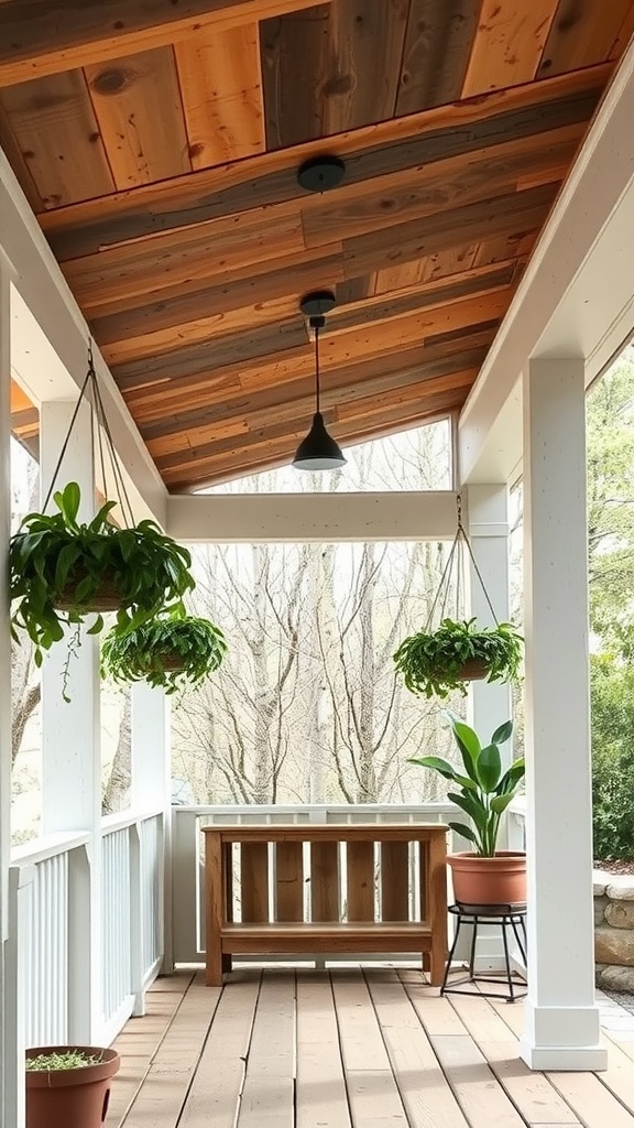 A cozy porch with a wooden ceiling and floor, featuring hanging potted plants, a wooden bench, and additional potted plants on stands. The porch offers a view of barren winter trees through the surrounding railing.