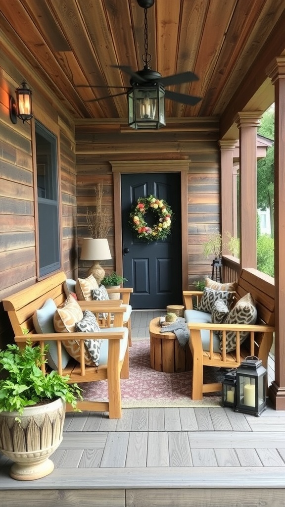 A rustic farmhouse porch featuring reclaimed wood accents, comfortable seating, and potted plants.