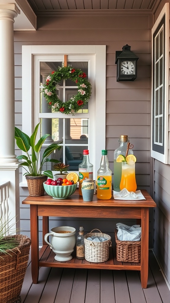 A porch beverage station with drinks, fruits, and a decorative wreath.