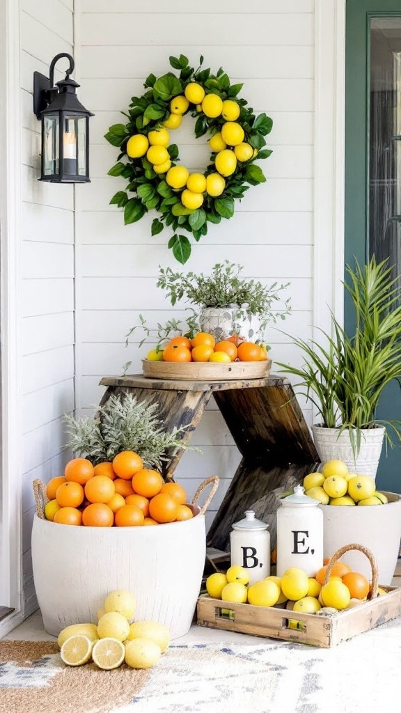 A summer porch decorated with oranges and greenery.