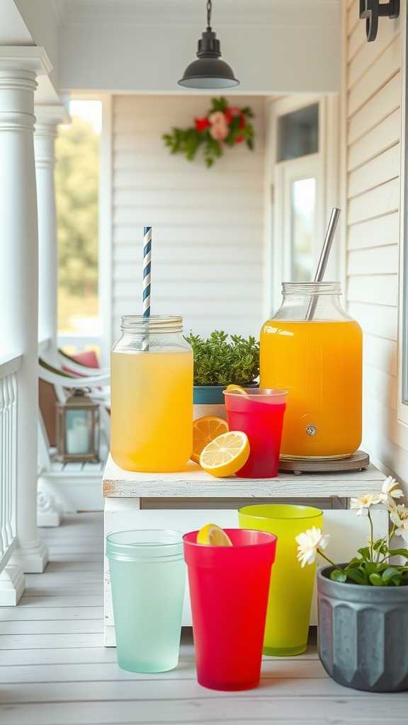 A delightful drink station on a porch with colorful cups and jars filled with refreshing drinks.