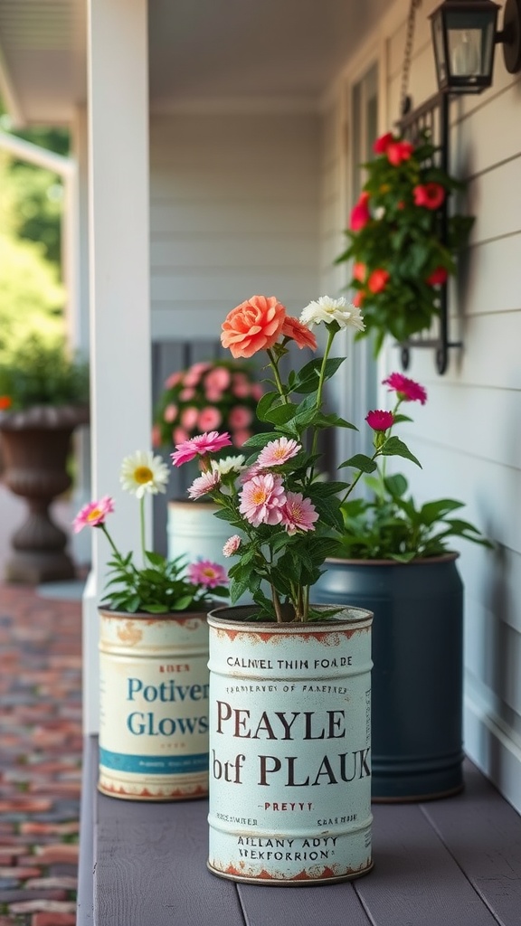 Colorful flowers planted in repurposed containers on a front porch.