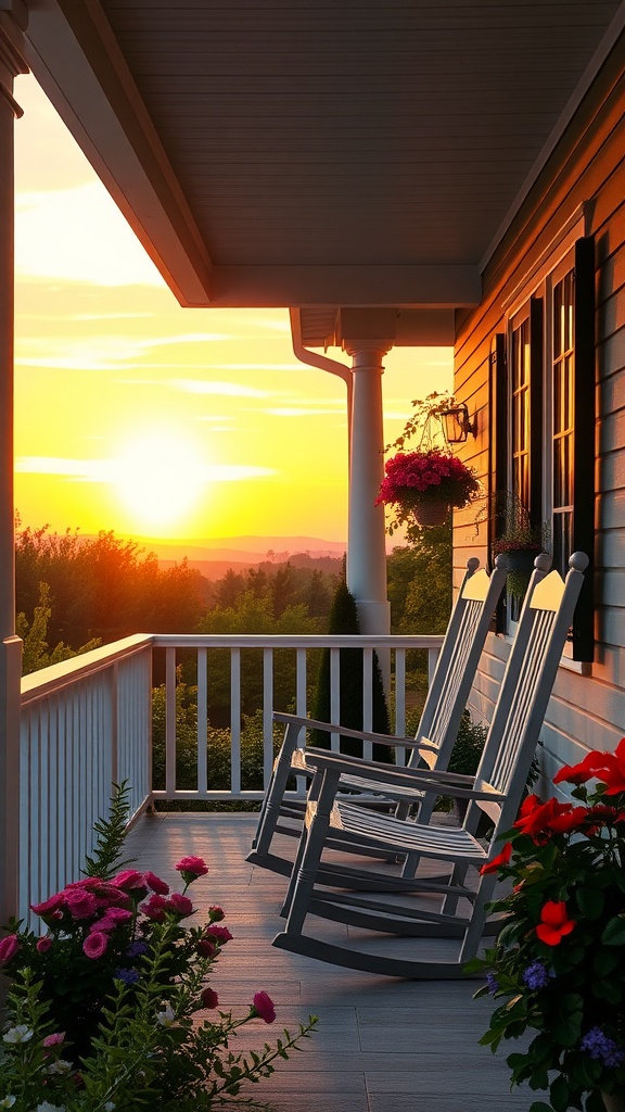 A peaceful porch scene featuring rocking chairs with colorful flowers and a sunset