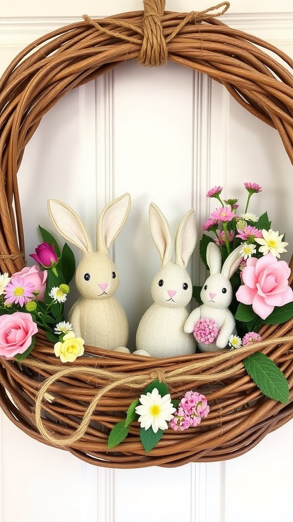 A rustic bunny basket wreath with stuffed bunnies and colorful flowers, ideal for Easter decoration.