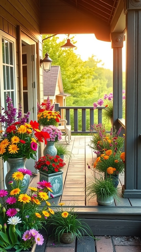 Colorful wildflowers in pots on a farmhouse porch