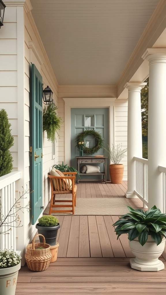 A wooden porch with potted plants, a turquoise door, a wooden chair, and a wreath on the back door, under a covered ceiling with columns.