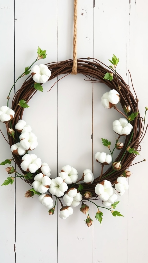 A rustic spring floral wreath featuring cotton blossoms and green leaves hanging on a white wooden background.