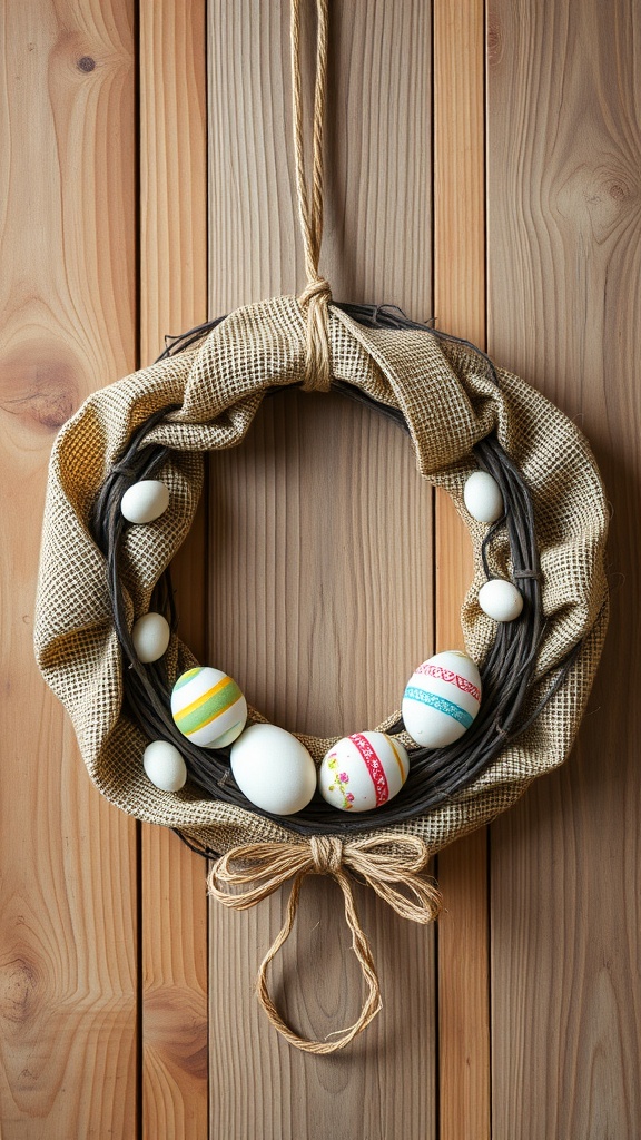 A rustic Easter egg wreath made with burlap and decorative eggs.