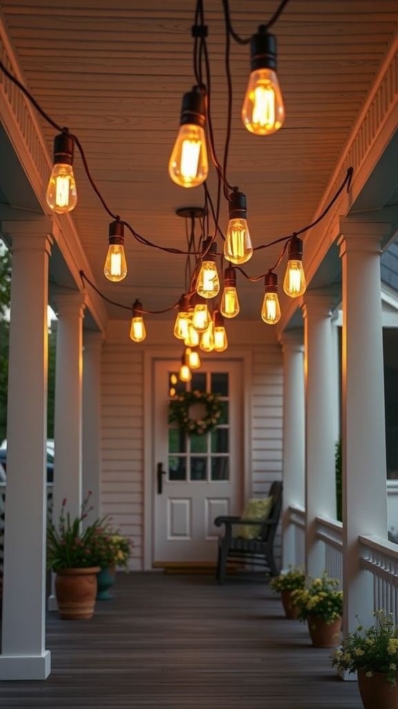 A rustic front porch featuring Edison bulb string lights hanging from the ceiling.