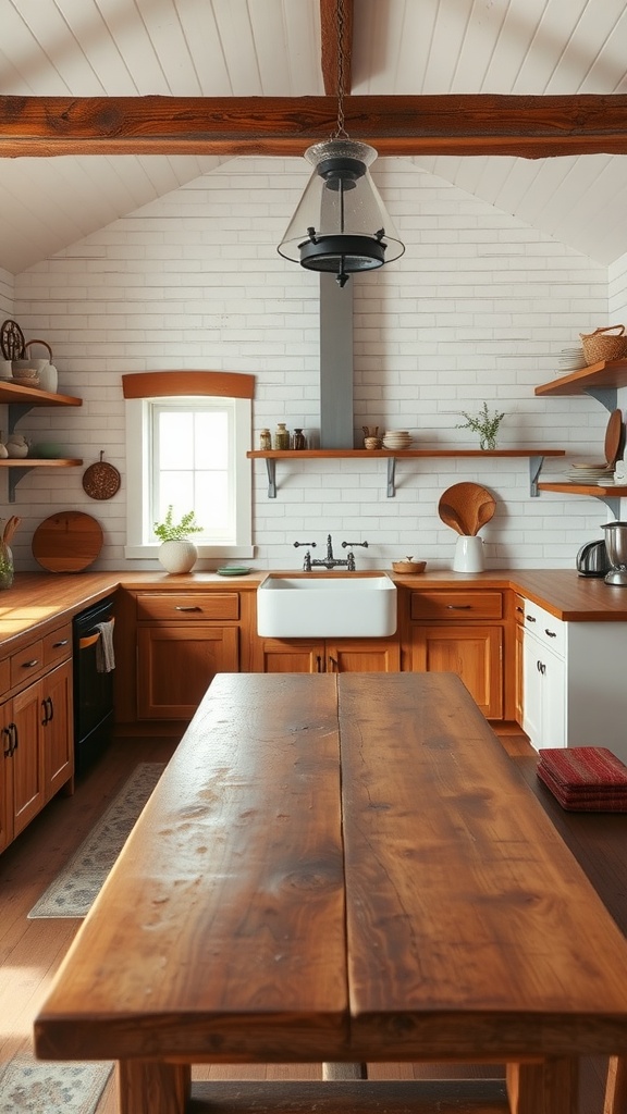 Interior of a rustic farmhouse kitchen featuring a wooden table, wooden cabinets, and white brick walls.