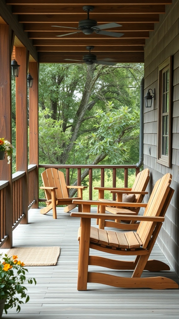 A cozy porch featuring rustic wooden Adirondack chairs and a potted flower plant, surrounded by greenery.