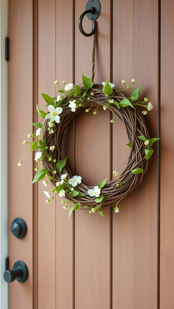 A rustic grapevine wreath adorned with white flowers and greenery hanging on a wooden door.