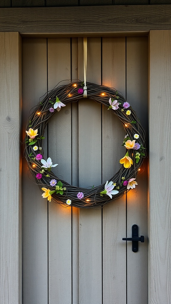 A rustic grapevine wreath decorated with flowers and lights hanging on a wooden door.