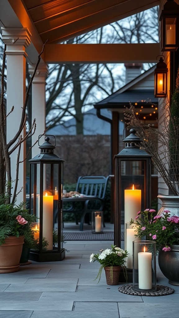 Rustic lanterns with candles on a front porch surrounded by flowers and greenery