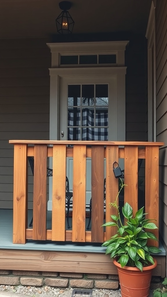 A rustic wooden porch railing made from pallets with a potted plant beside it.