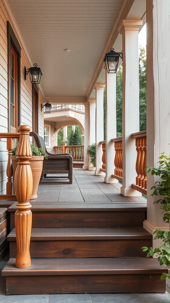 A rustic farmhouse porch with wooden railings and steps, featuring lanterns and potted plants.