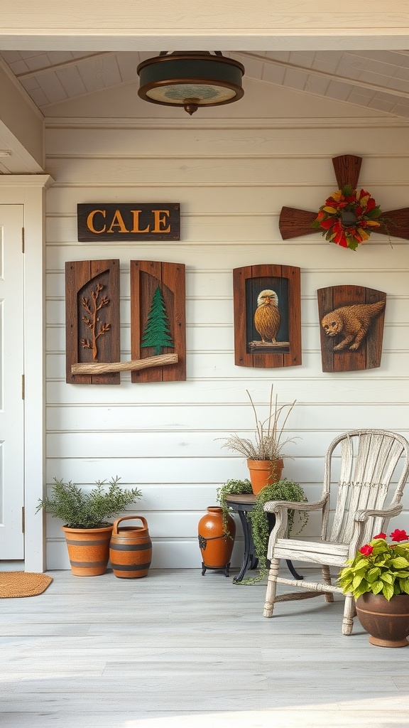 Rustic wall art featuring carved wooden plaques of trees, an eagle, and a bear on a farmhouse porch.