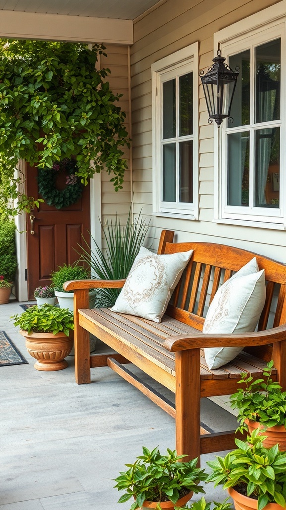 A rustic wooden bench on a small front porch surrounded by greenery and potted plants.