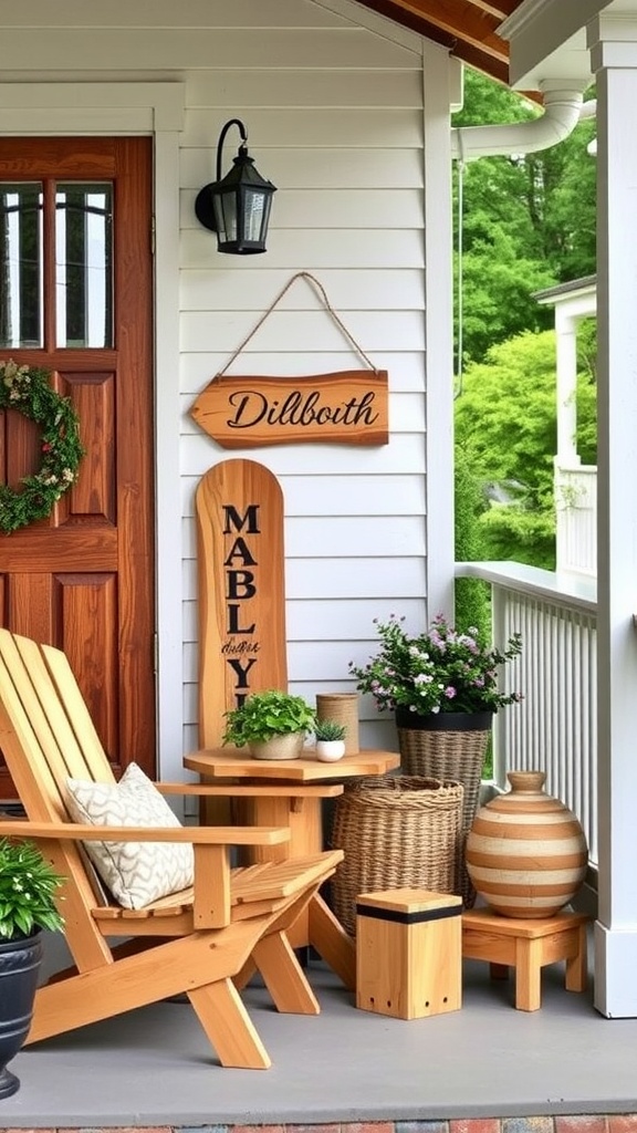 A small front porch featuring rustic wooden signs, chairs, and decor.