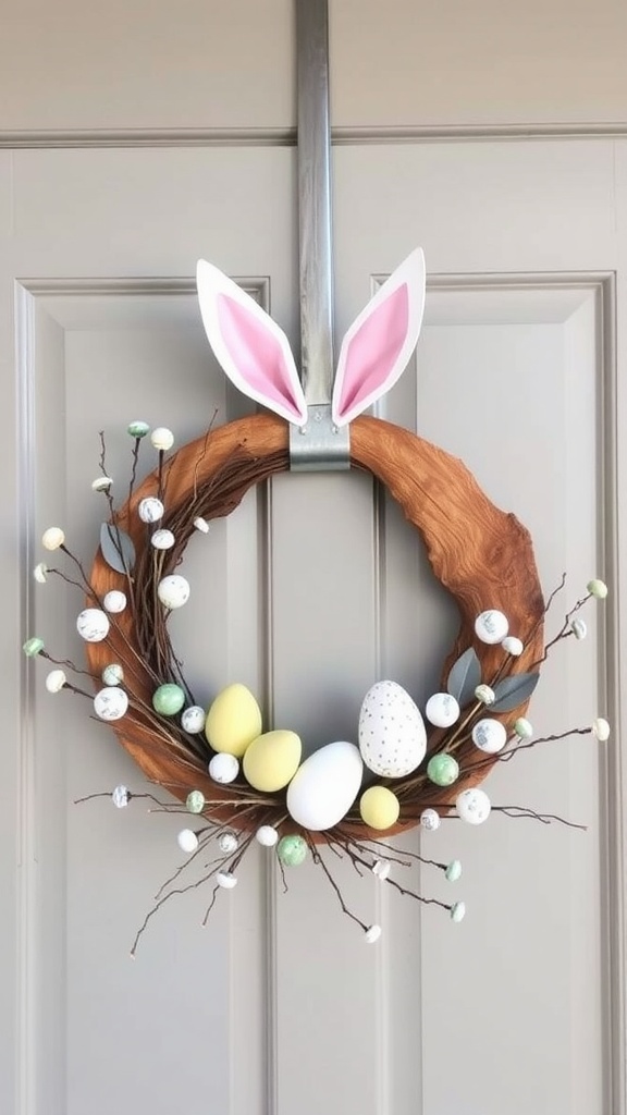 A rustic Easter wreath made of wood, featuring white eggs, flowers, and metal accents.