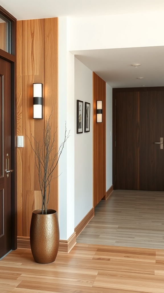 An entryway featuring warm wooden accents and modern lighting.