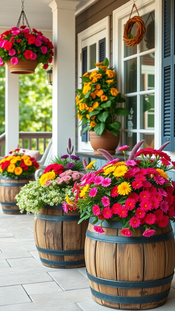 Two rustic wooden barrel planters filled with vibrant flowers on a front porch.