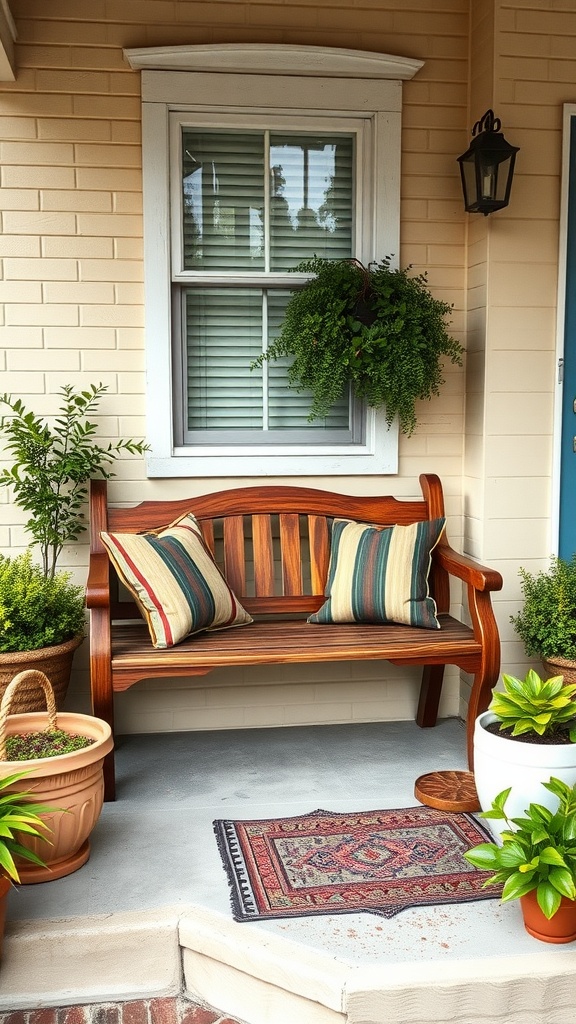 A rustic wooden bench with colorful pillows on a small porch, surrounded by plants and a decorative rug.