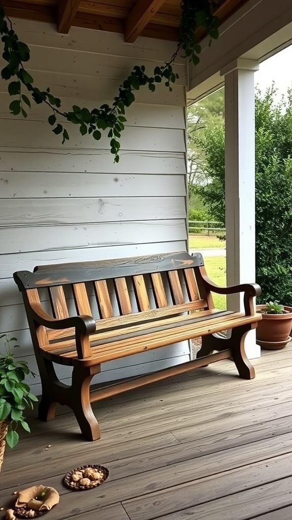 A rustic wooden bench on a farmhouse front porch surrounded by greenery.