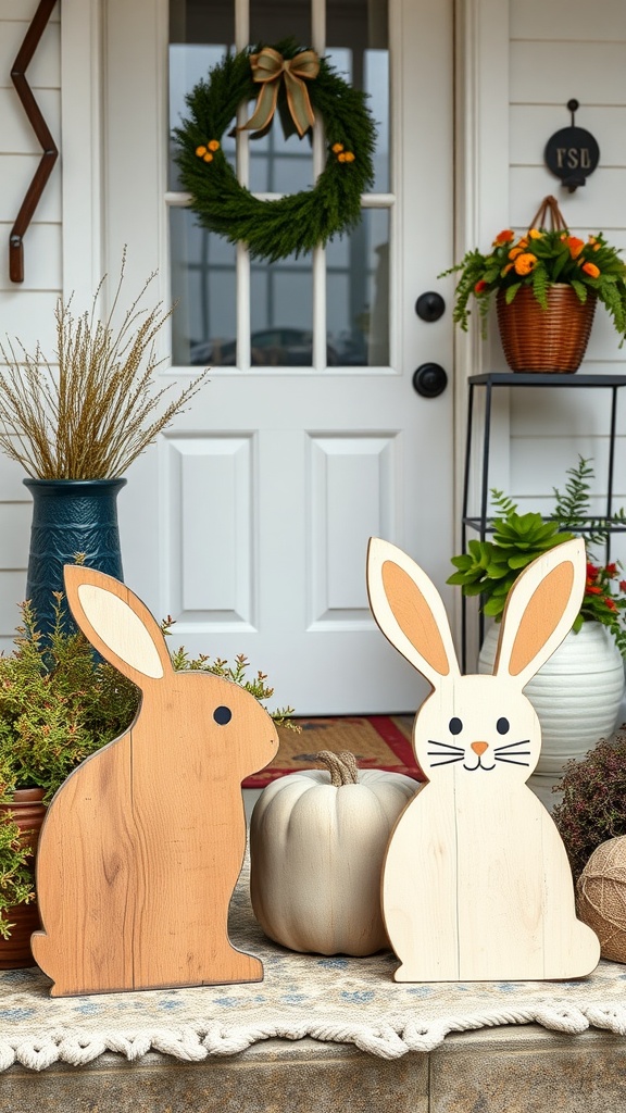 Two rustic wooden bunny cutouts on a front porch with a wreath and plants.