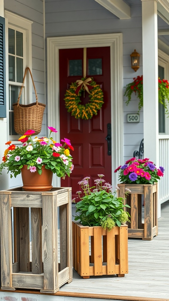 Front porch featuring rustic wooden crates used as planter stands with colorful flowers.