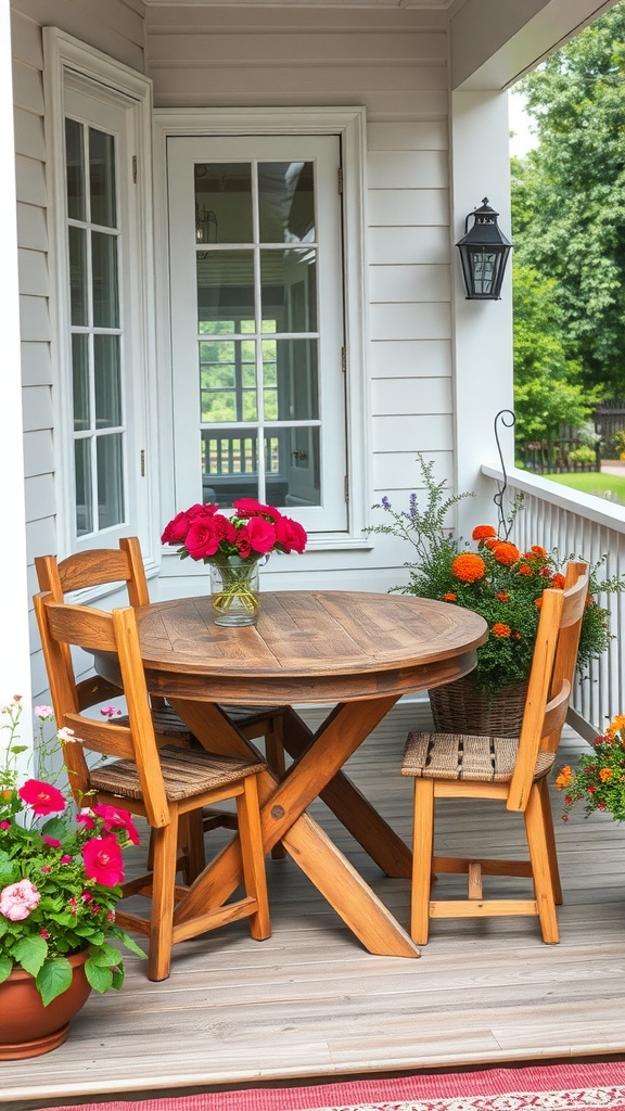 A cozy porch featuring a rustic wooden table and chairs surrounded by colorful flower pots.