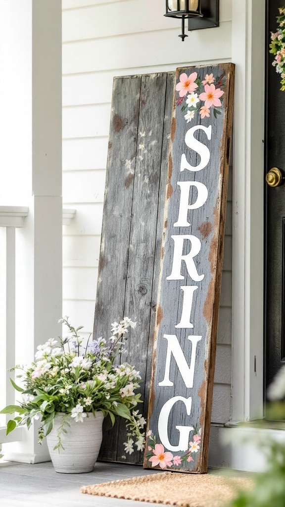 A rustic wooden sign that says 'Spring' placed on a porch, with a wreath and flowers