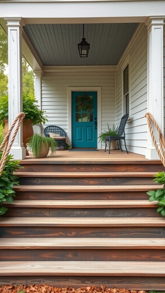 Rustic wooden steps leading to a farmhouse front porch