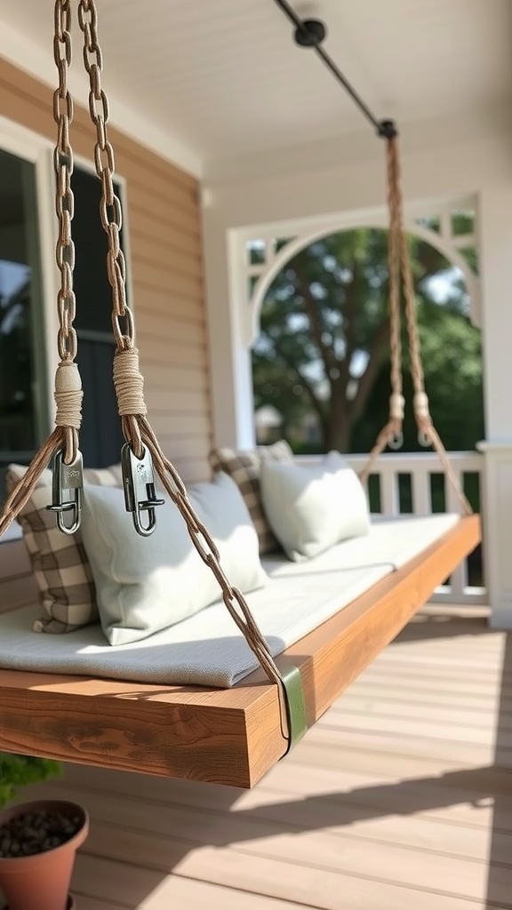 A cozy hanging bed swing on an outdoor porch with a view of greenery.