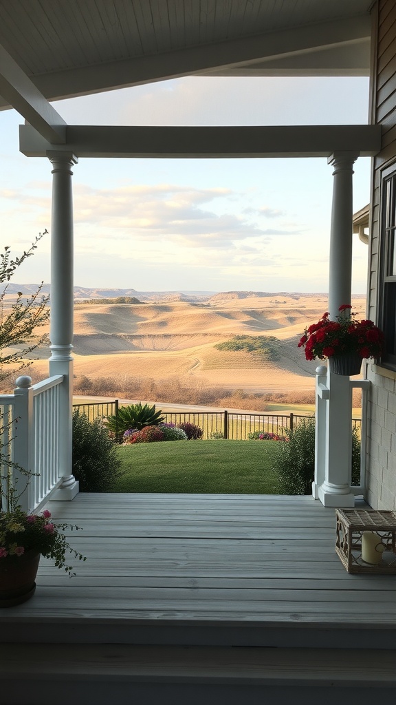 View from a farmhouse front porch, showcasing rolling hills and greenery.