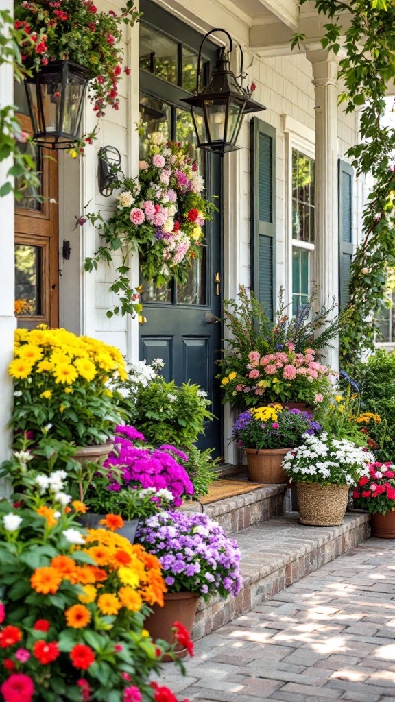 Colorful flower arrangements on a farmhouse front porch