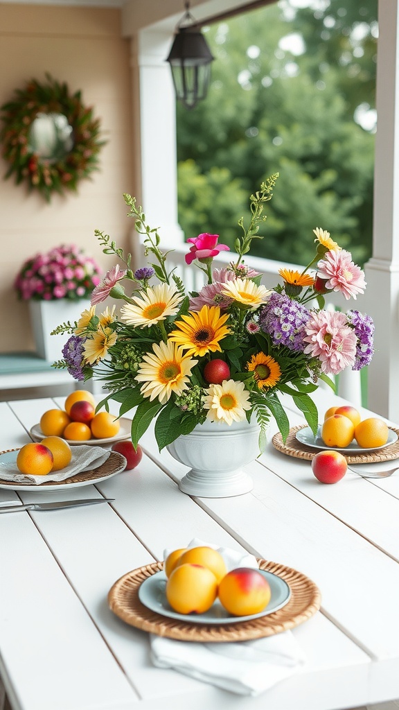 A beautifully arranged summer table with flowers and fruit.