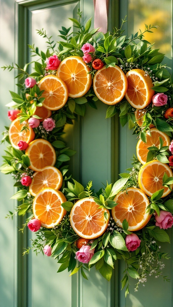 A spring wreath decorated with colorful citrus fruits and flowers.