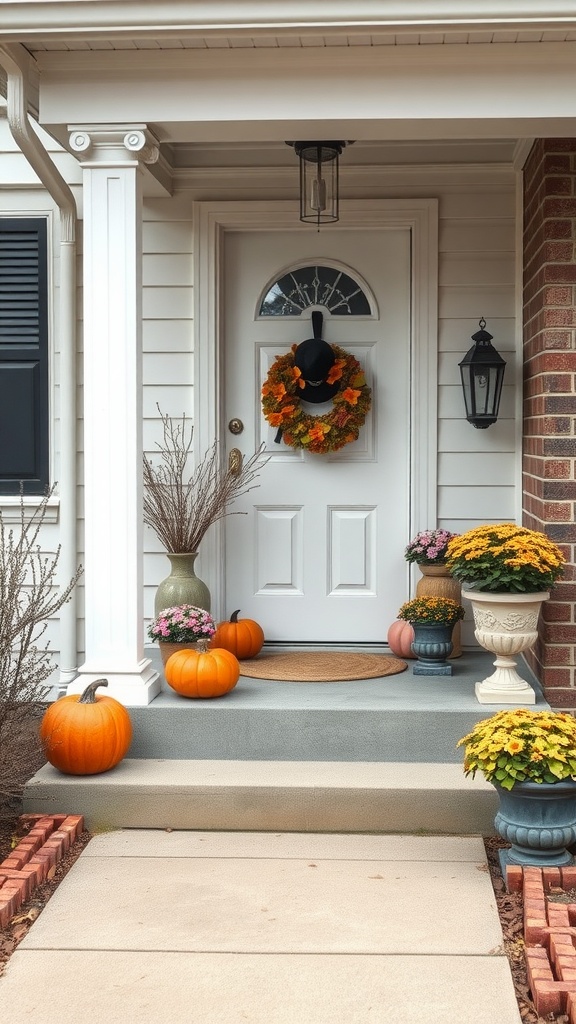 A cozy front porch decorated for autumn with pumpkins, flowers, and a seasonal wreath.