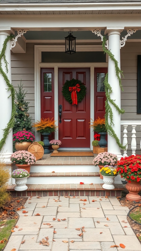 A beautifully decorated front porch with seasonal plants and a wreath on the door