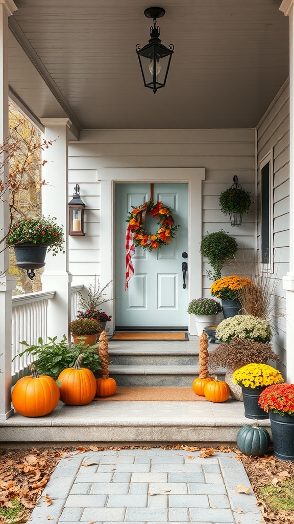 Seasonal porch decor with pumpkins, plants, and a welcoming wreath.