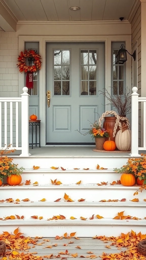 Farmhouse front porch steps decorated for autumn with pumpkins, leaves, and a wreath.