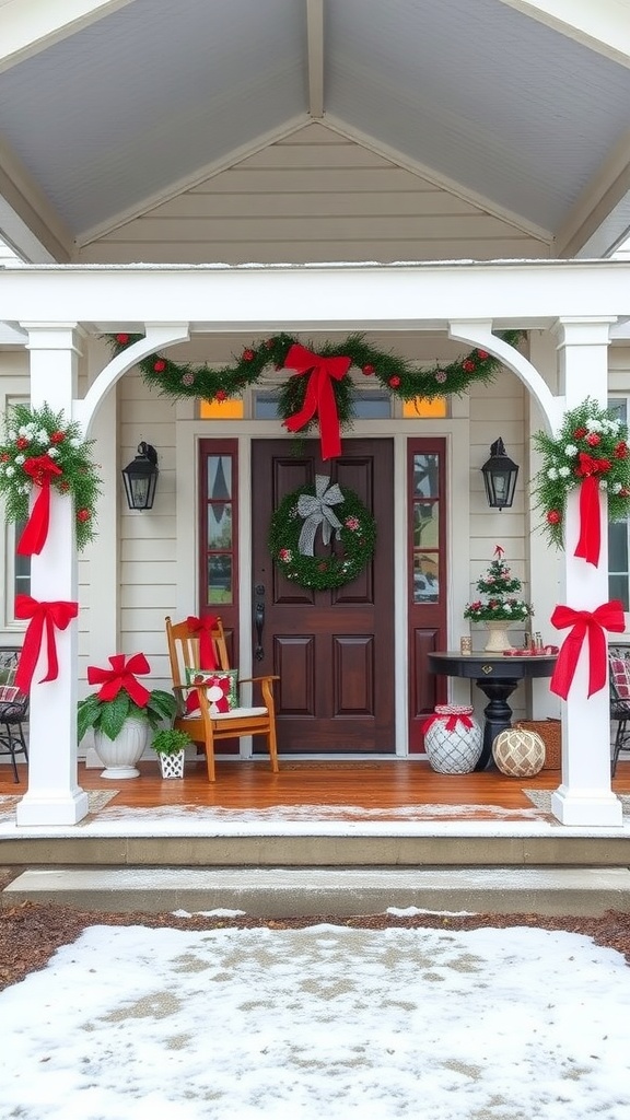 A beautifully decorated farmhouse front porch with wreaths and festive decor.