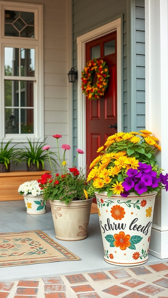 Colorful flower planters on a front porch with a red door and a welcome mat