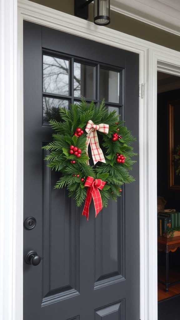 A decorated black door adorned with a seasonal wreath featuring red berries and a plaid bow.